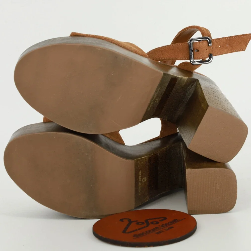 Lulus Lolita Leather Cognac Suede Wooden Platform Heels Size 8 Chunky Retro Boho